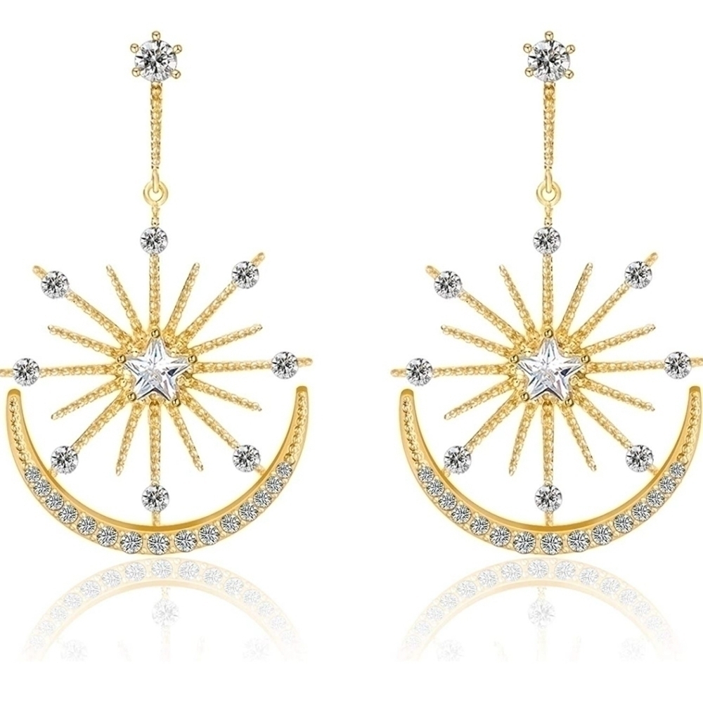 MOON and Star Crystal Drop Dangle Earrings Statement Rhinestone Gold